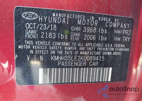 2019 Hyundai Elantra Gt from USA, damaged, VIN KMHH35LE2KU089415